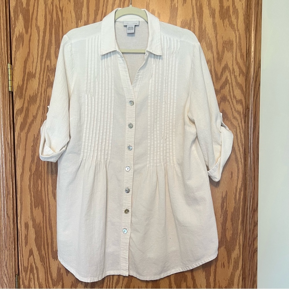 Soft Surroundings White Pintuck Button-Front Blouse flawed